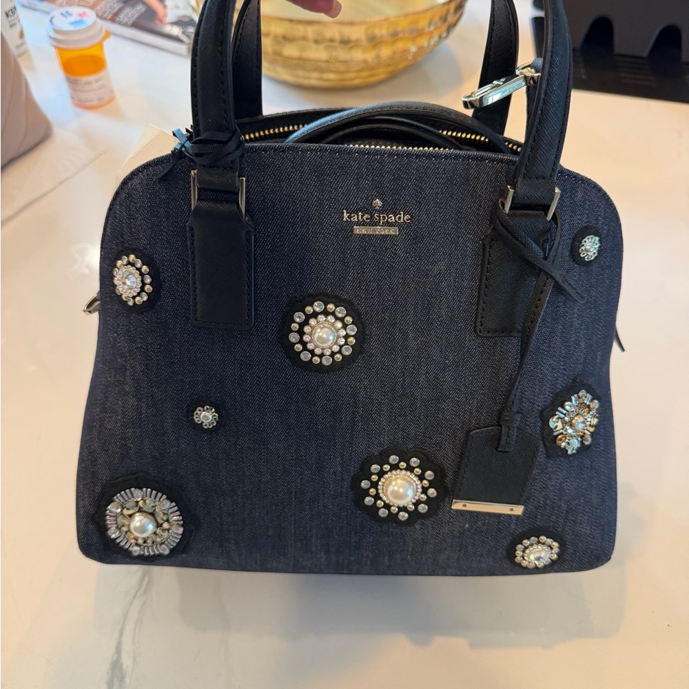 kate spade navy denim satchel with pearl & crystal embellishments